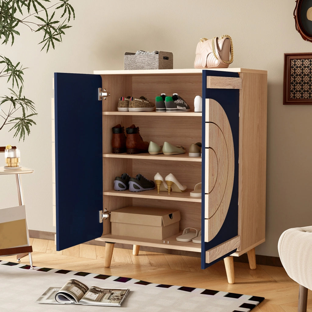 Mobile Scarpiera con 2 Ante geometriche Rotonde; 4 Ripiani; Stile Moderno; in Pannello truciolare; Blu; 76×37×98;5 cm
