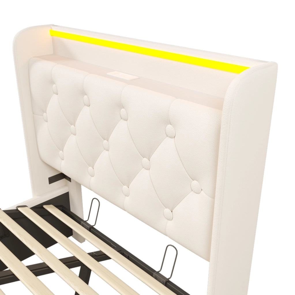 Letto singolo imbottito 90x200 cm in PU bianco con LED; USB e contenitore idraulico