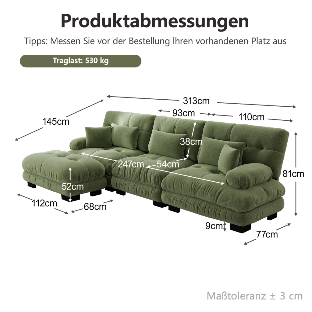 Divano modulare angolare con pouf mobili in chenille verde; seduta profonda