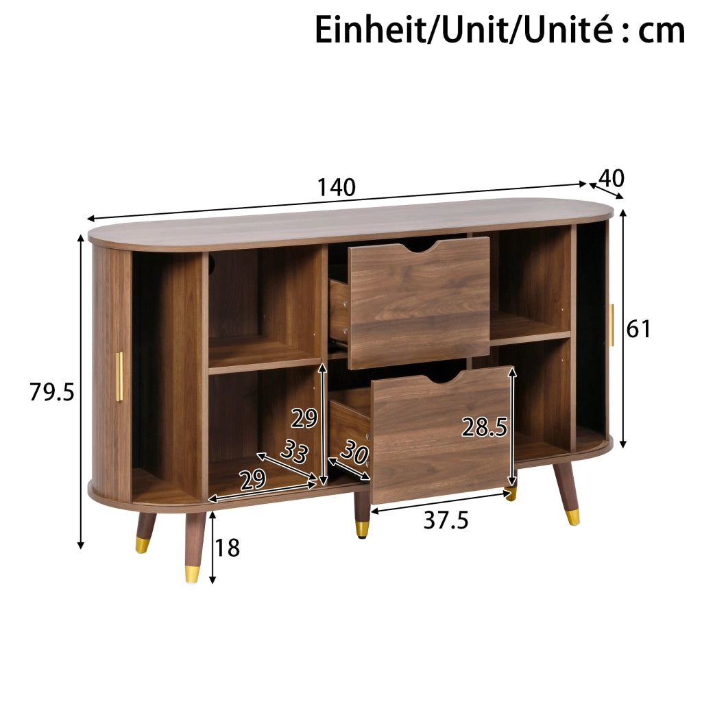 Credenza con 2 Ante Scorrevoli e 2 Cassetti; Angoli Arrotondati; Stile Moderno; in MDF; 140×40×79;5 cm; Noce