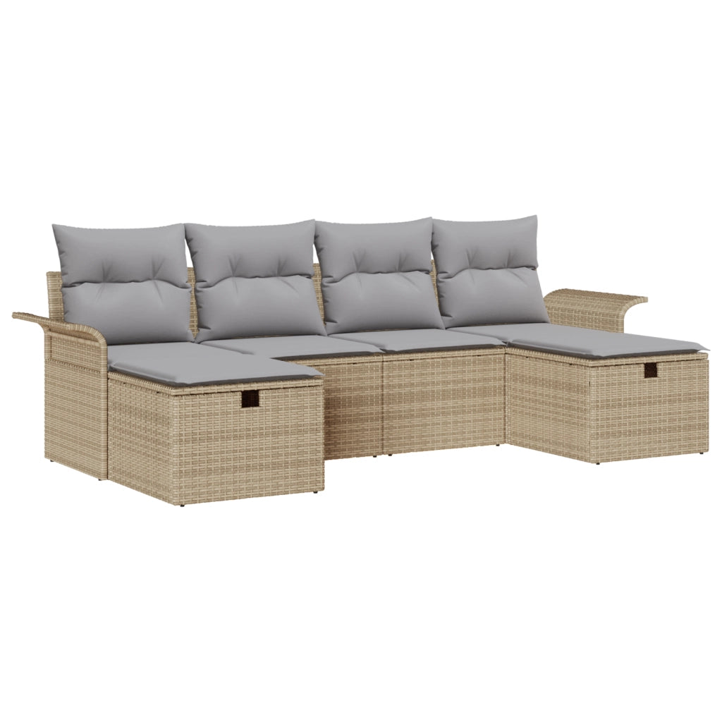Set Divano da Giardino 6 Pezzi con Cuscini Beige Rattan Sintetico