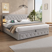 Letto matrimoniale contenitore 180x200 cm; LED e porte USB; lino grigio