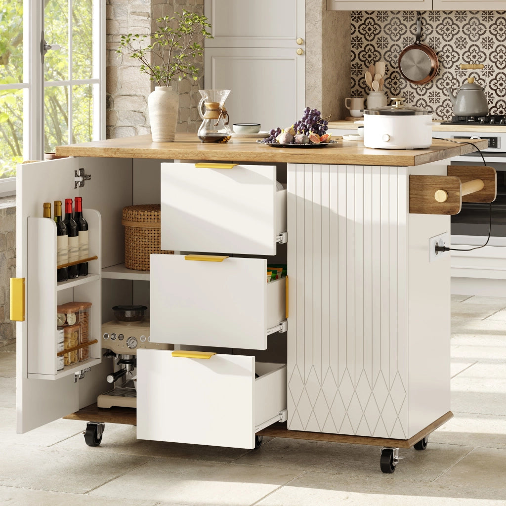 CARRELLO DA CUCINA 134x46/74x88 cm Bianco MDF/Metallo con prese USB