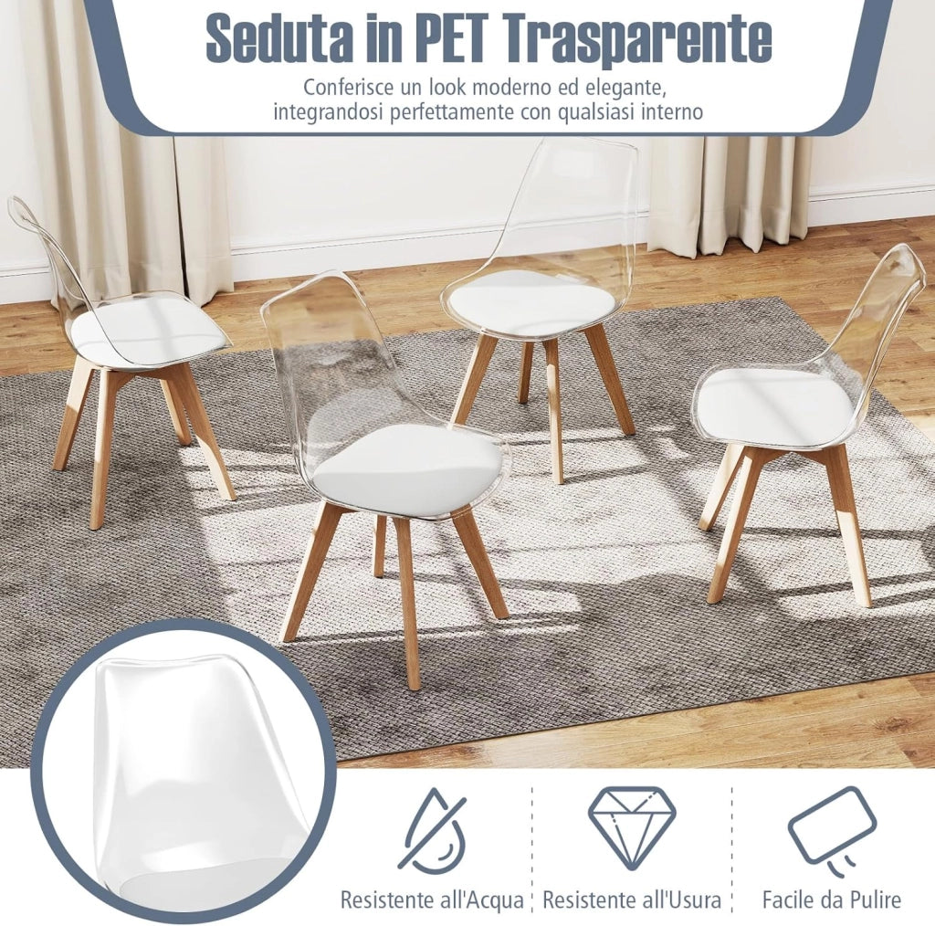 Set di 4 Sedie da Cucina Trasparenti, Sedie per Sala da Pranzo Moderne con Gambe in Legno e Seduta Imbottita, Sgabello senza Braccioli per Soggiorno e Camera da Letto, Portata 150 kg (Bianco)