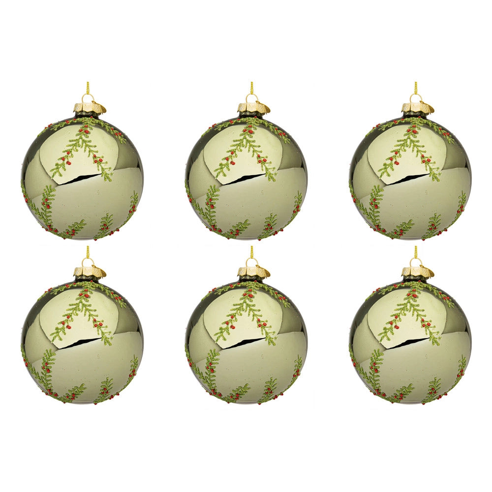 Palline di Natale in Vetro Verde Oliva con Rametti Wood Diametro: 80 mm