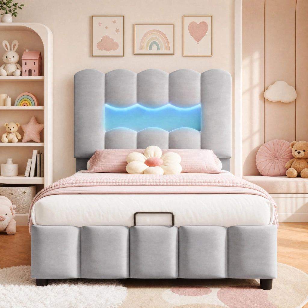 Letto imbottito 90x200 cm con contenitore idraulico; testiera regolabile; LED; velluto grigio