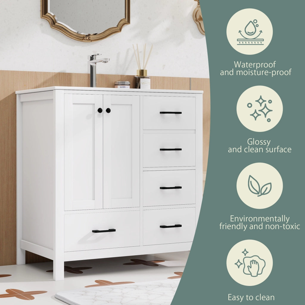 Mobile sottolavabo con lavabo in ceramica, 1 anta, 4 cassetti e 3 ripiani, per bagno, bianco, 76 × 46 × 82 cm