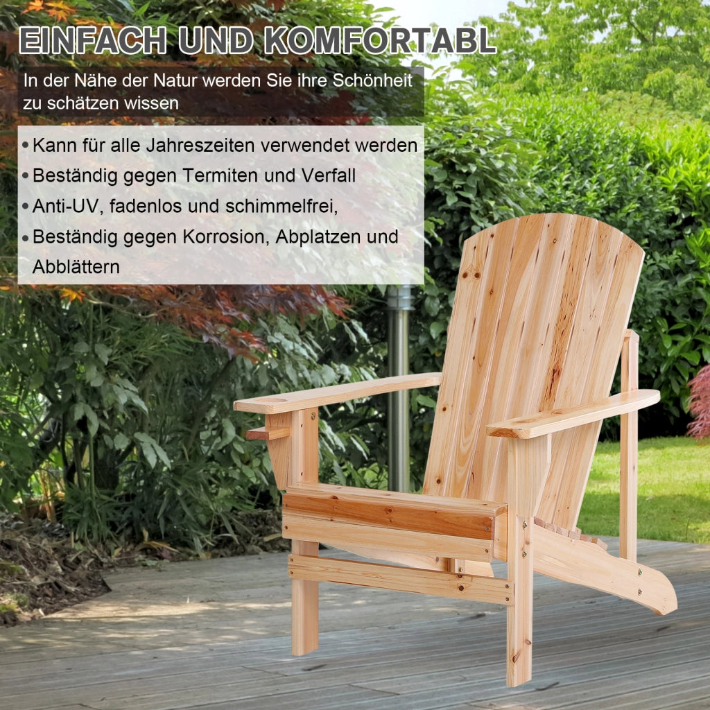 Sedia da giardino Adirondack con portabicchieri; sdraio da giardino con balcone; sedia da balcone in legno massiccio naturale; 72;5 x 97 x 93 cm