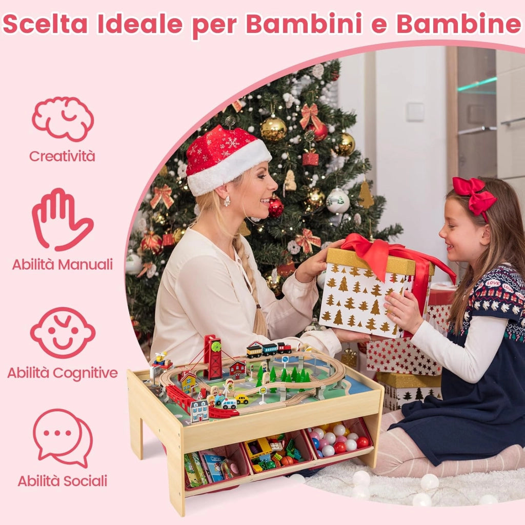 Tavolo con Set di Treni per Bambini 3+ Anni, Tavolo da Gioco Multifunzionale in Legno con 2 Superfici Reversibili, 3 Cassetti in Tessuto e Accessori per Binari, Scrivania da Gioco