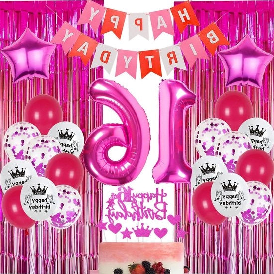 Decorazione di Festa Decorazione di Compleanno Rosa per Ragazze di 16 anni - palloncini - tenda rosa - klatergoud - decorazione per torta - tende rosa in metallo 16 decorazione