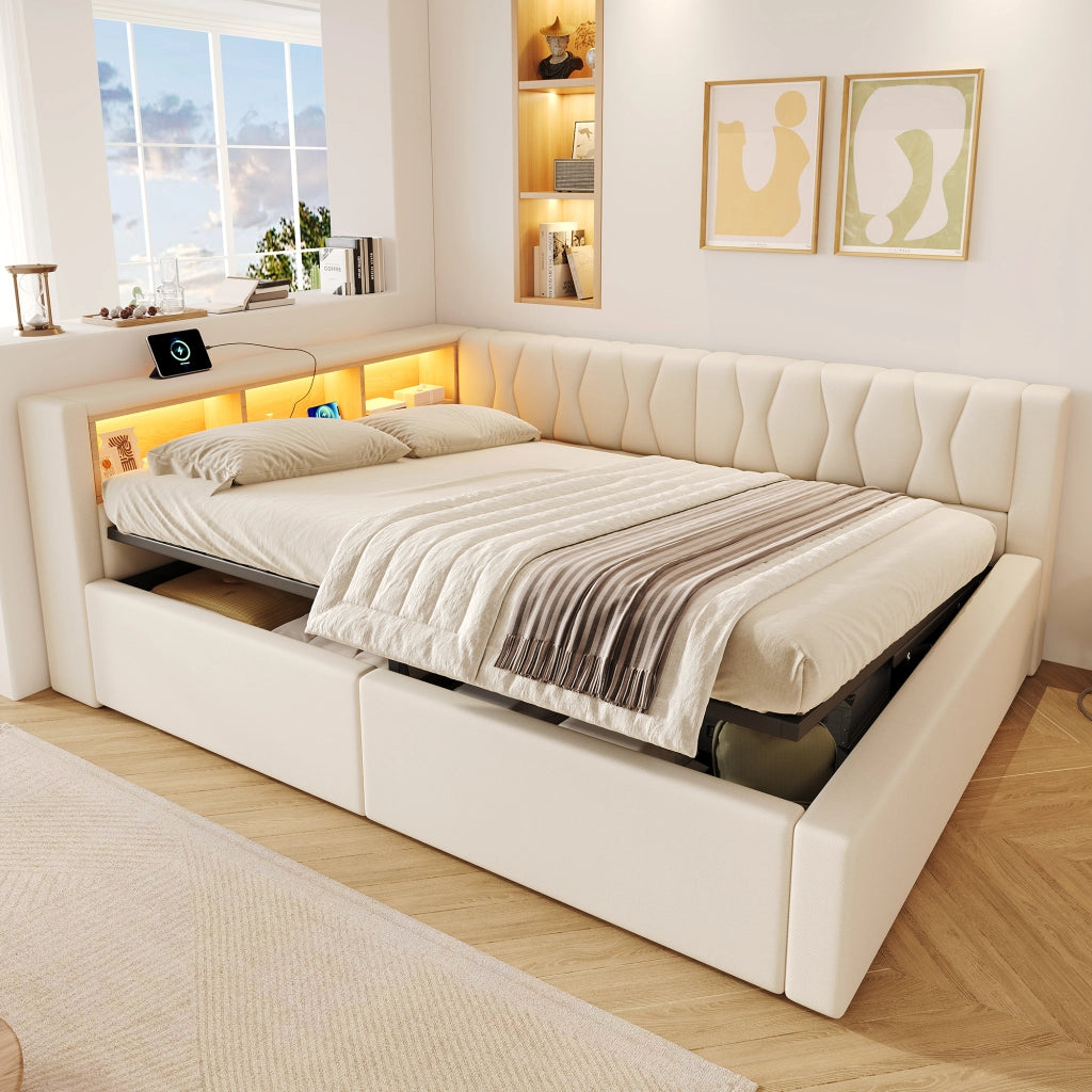 Letto contenitore 140x200 cm con sollevamento idraulico; LED dimmerabile; testiera con ripiano e USB; beige