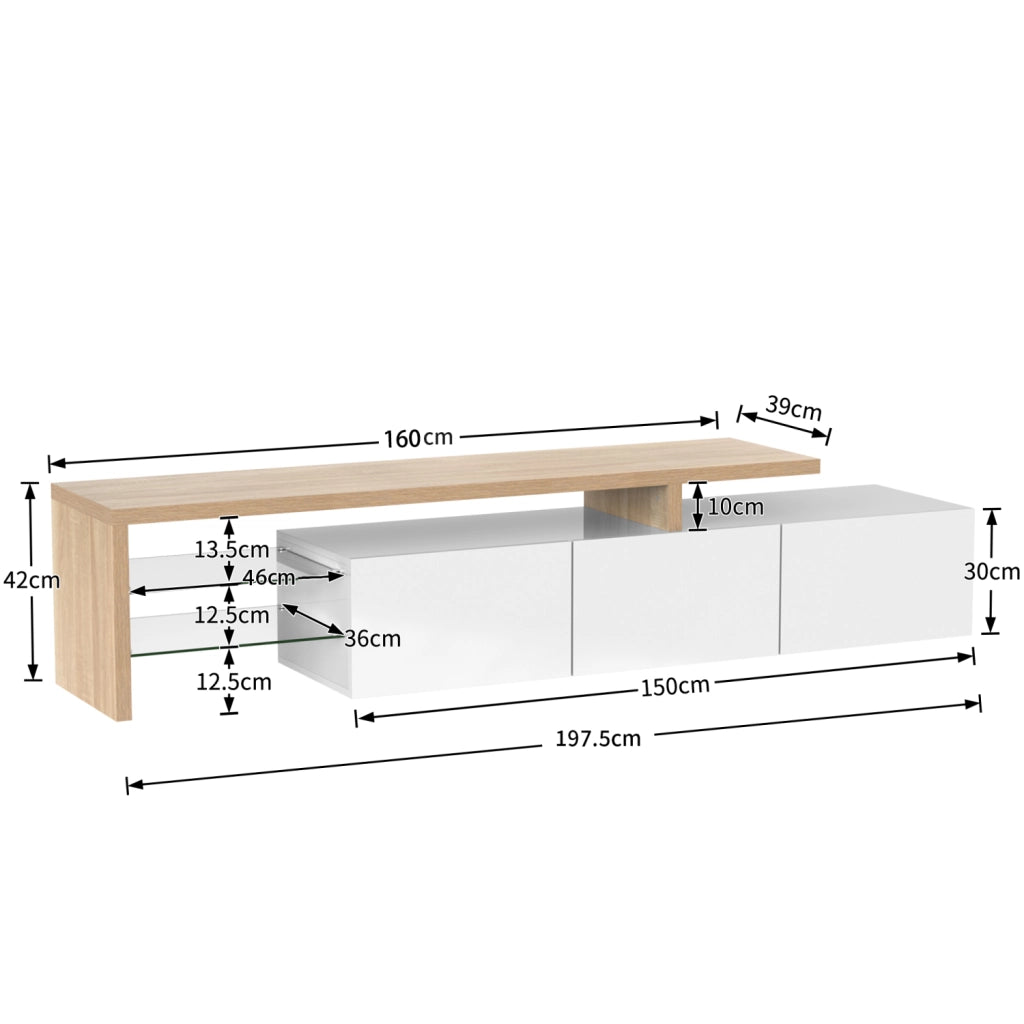 Mobile TV 197.5x39x42 cm; 3 vani con ripiani in vetro e LED a 7 colori; MDF e vetro; colore naturale e bianco