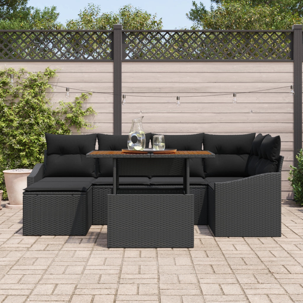 Set da Pranzo da Giardino 7 Pezzi con Cuscini Rattan Polipropilene Nero Acacia