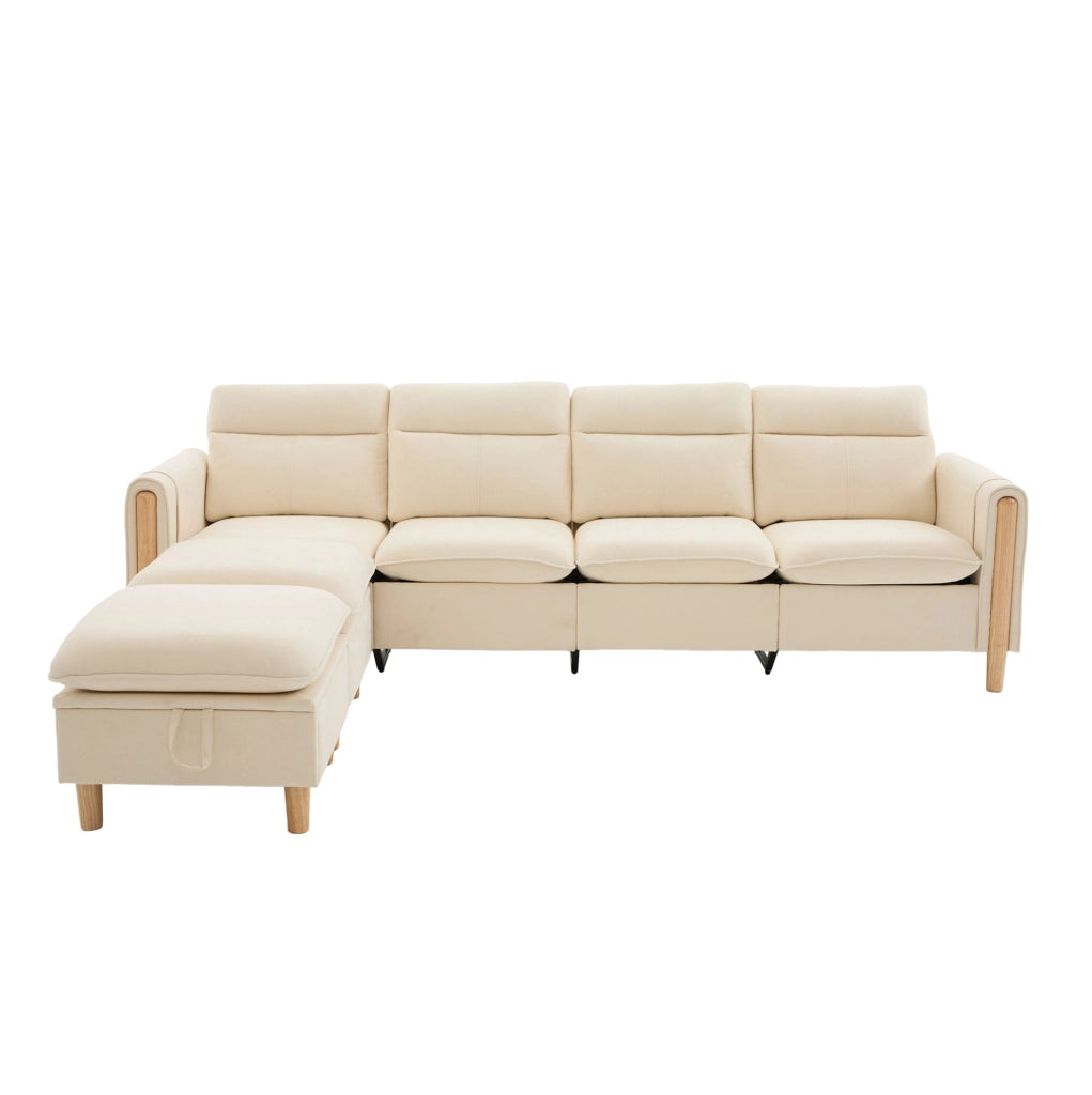 Divano modulare 4 posti con 2 pouf contenitore in ciniglia beige HOMVRA
