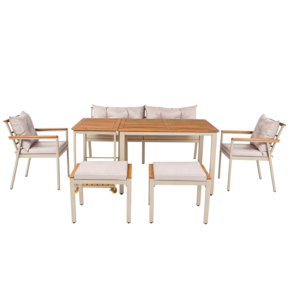Set da pranzo da giardino per 6-7 persone in legno di acacia e metallo; beige e naturale