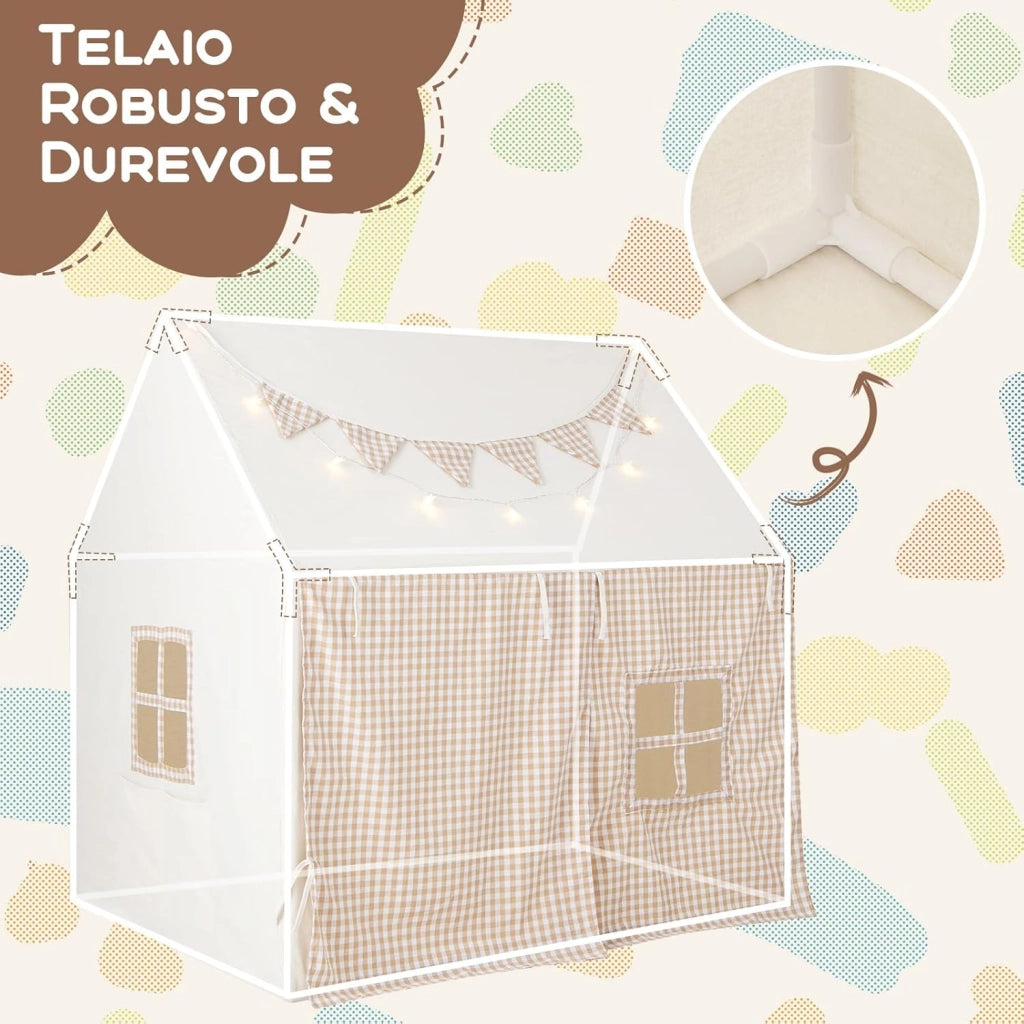 Tenda da Gioco per Bambini, Casetta Tenda da Gioco con Tappetino Imbottito, 2 Finestre Traspiranti e 2 Tasche, Luci a Stella e Bandierine Incluse, Tenda per Bambini 3-8 Anni (Beige)