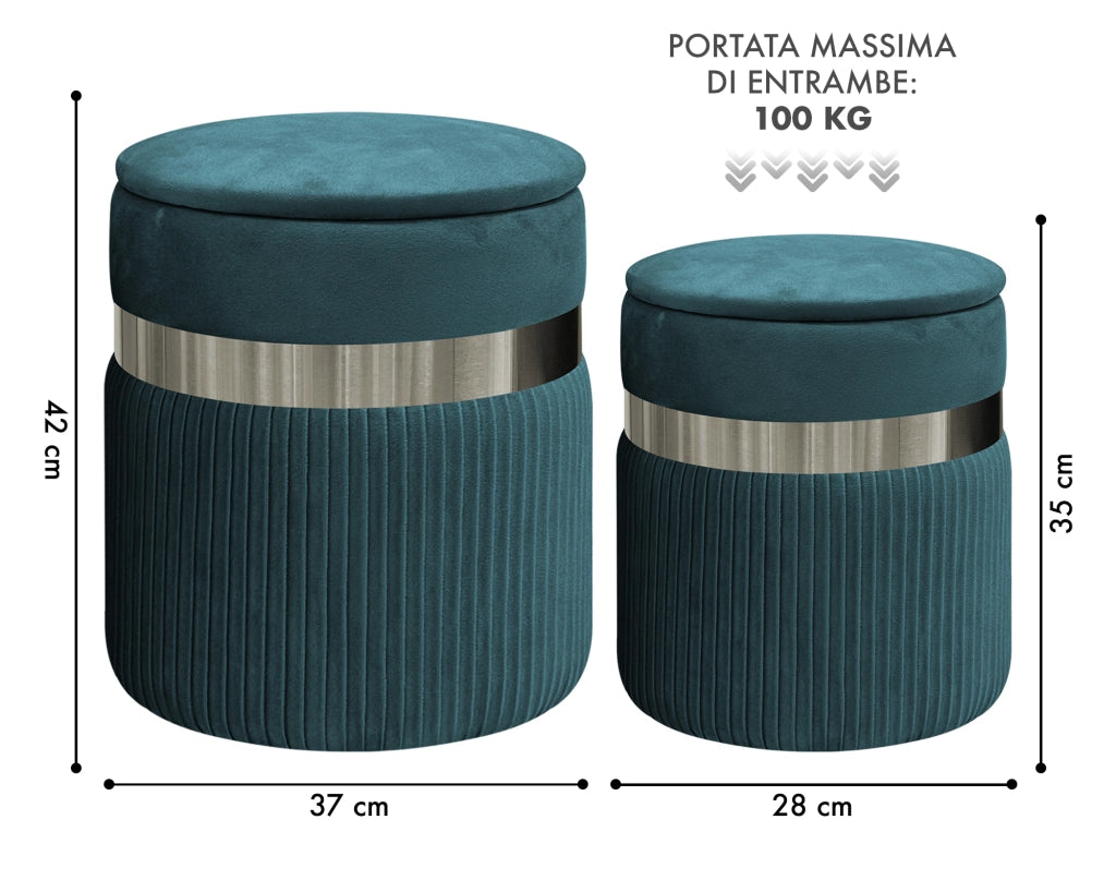 Set Di 2 Pouf Contenitori In Velluto Design Moderno Poggiapiedi,Sgabello Tondo con Coperchio Rimovibile e Seduta Imbottita Alta DensitÃ  Con Fascia In Metallo Contenitore Capiente Storage Box Petrolio