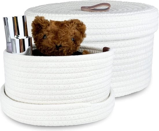 Set di 2 contenitori rotondi di corda di cotone - contenitori decorativi intrecciati con manico in pelle - bianco (25 x 14 cm/21 x 125 cm)