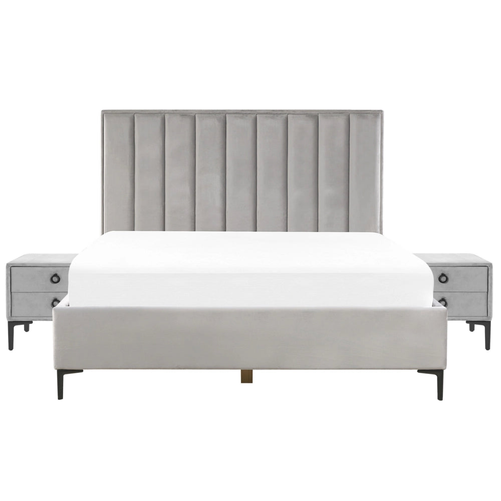 Set camera da letto in velluto grigio 180 x 200 cm con contenitore 2 comodini imbottiti