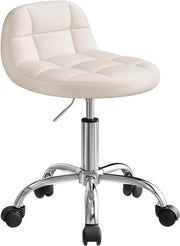 Sgabello con Ruote, Sedia da Trucco, Altezza Regolabile per Estetista Parrucchiere, Tattoo Studio e Salone, Velluto, Crema