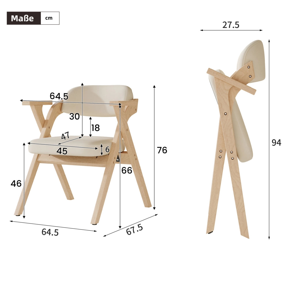 Set di 2 sedie da pranzo pieghevoli con braccioli; legno massello; lino beige