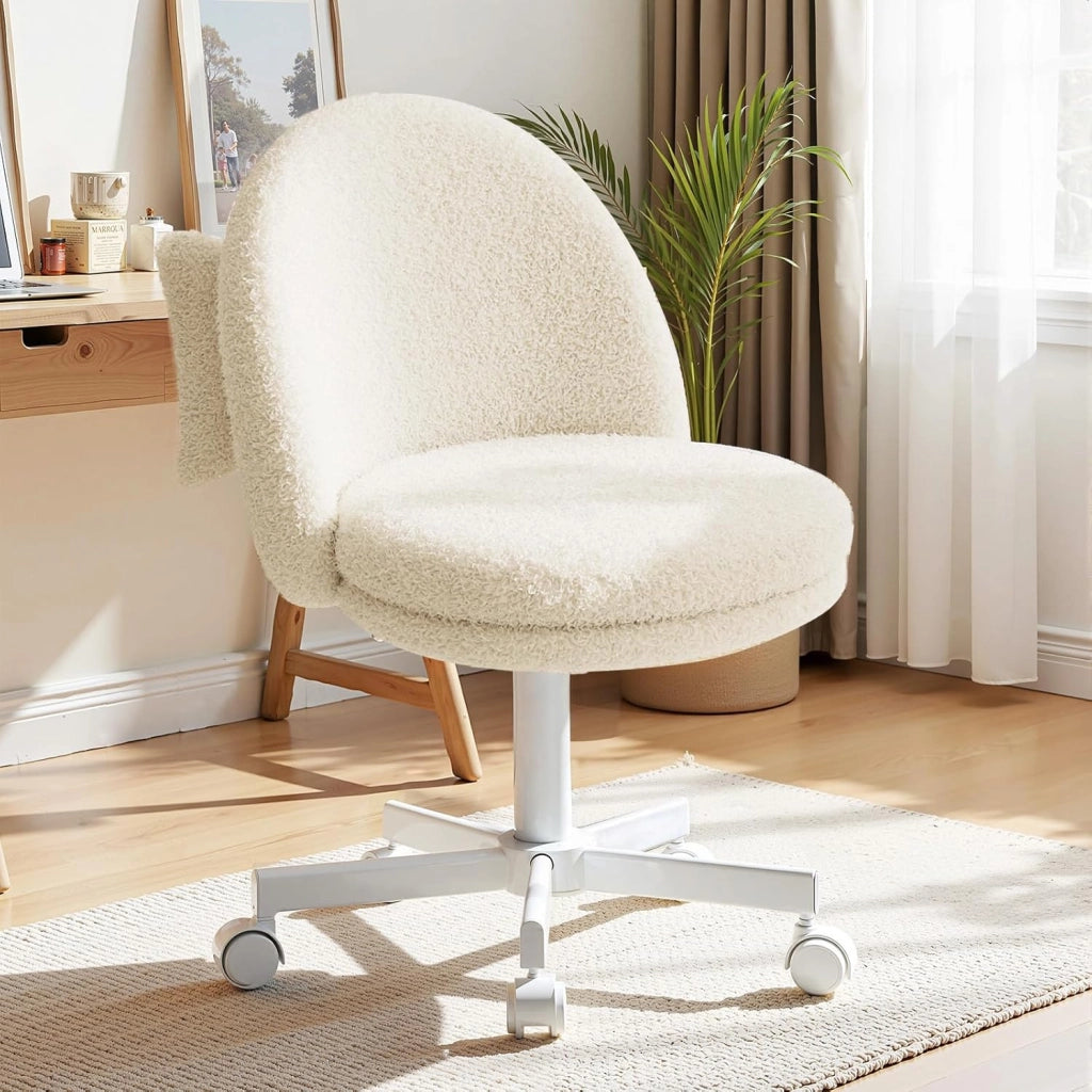 HomeOffice - Sedia per trucco, sedia da scrivania senza braccioli, girevole con supporto per schiena, comoda sedia da ufficio su ruote, altezza regolabile, colore: Bianco