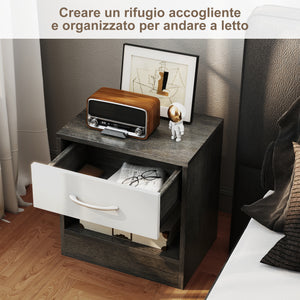 Comodino con Cassetto e Ripiano Aperto 39x28x41 cm in Legno Bianco e Grigio Scuro