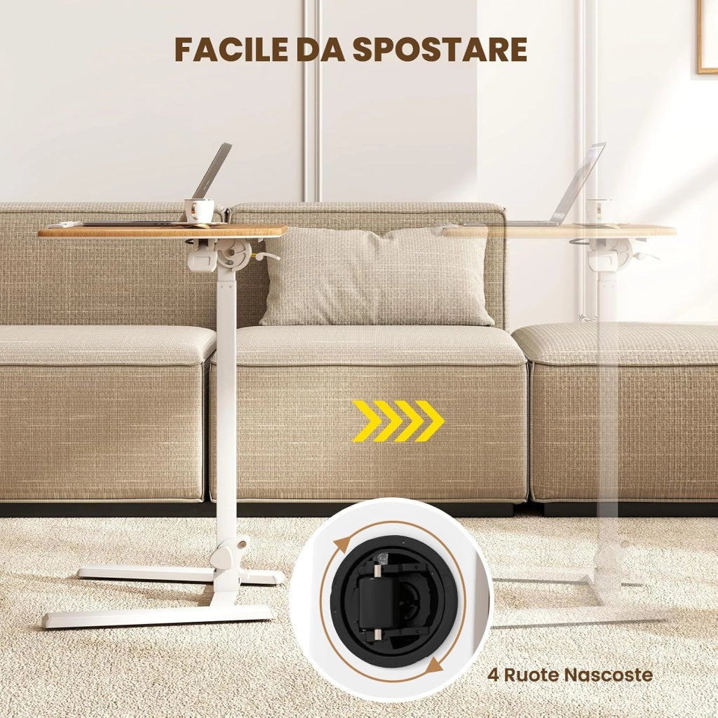Tavolino da Letto e Divano, Tavolino Pieghevole e Regolabile in Altezza con Ruote e Piano Inclinabile a 90°, Mobile Multifunzionale e Portatile per Lavorare e Mangiare da Casa e Ufficio