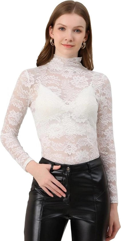 Blusa trasparente per donna con motivo fiorale e cappuccio in velluto, maniche lunghe, Bianco, XXL.