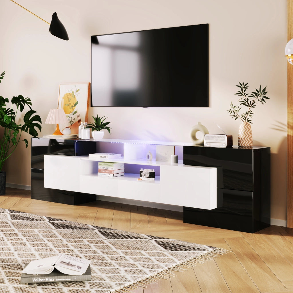 OKWISH Mobile TV con 4 Ante, 2 Cassetti e 3 Vani, LED, Finitura Lucida, per Soggiorno, MDF, 200 x 35 x 60 cm