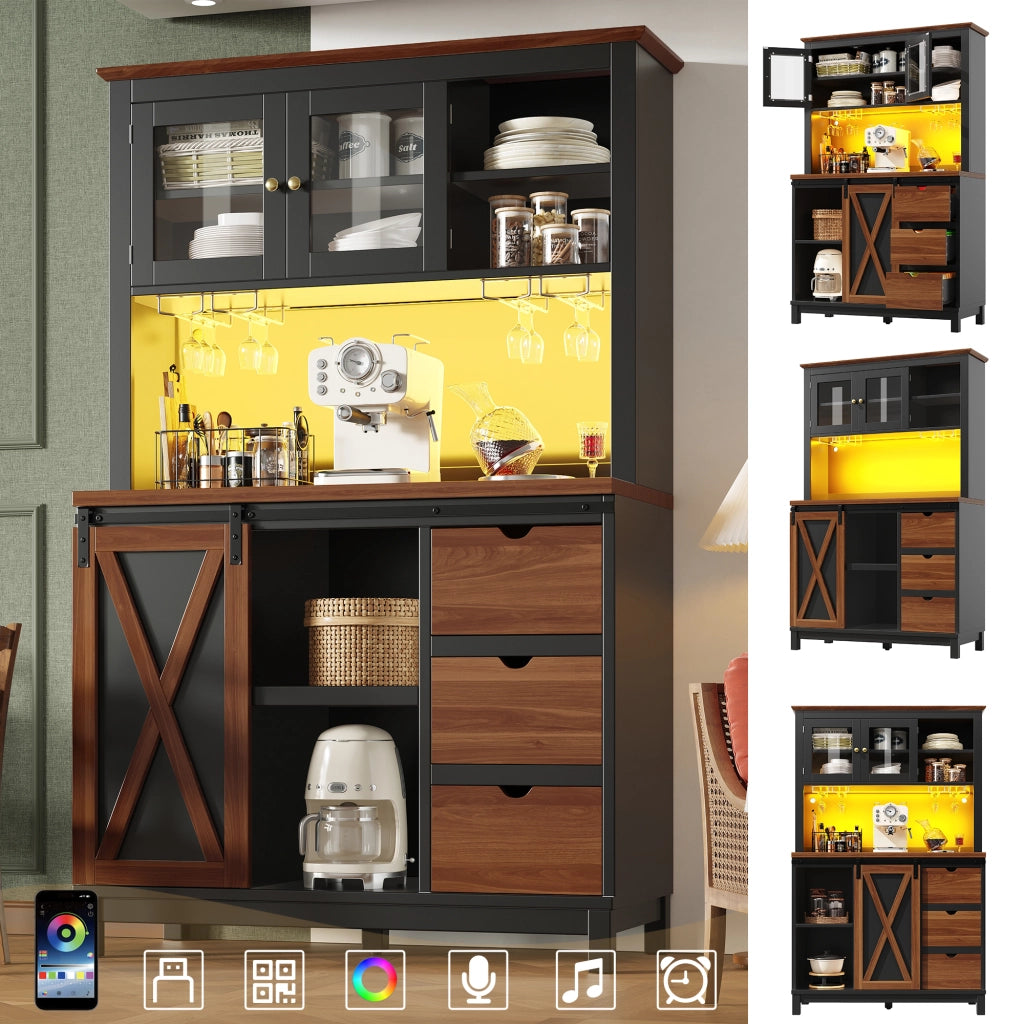 ARMADIO DISPENSA Alto 104x40x180 cm Nero Vetro e MDF con LED