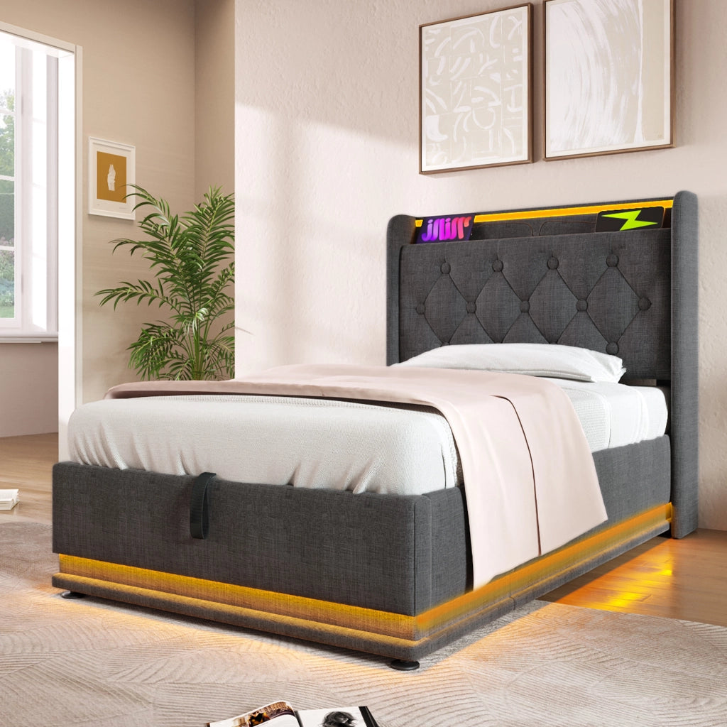 OKWISH Letto Contenitore 90×200 cm, Letto Singolo con LED 360°, USB, Tipo C e Mensole, senza Materasso, in Lino, Grigio