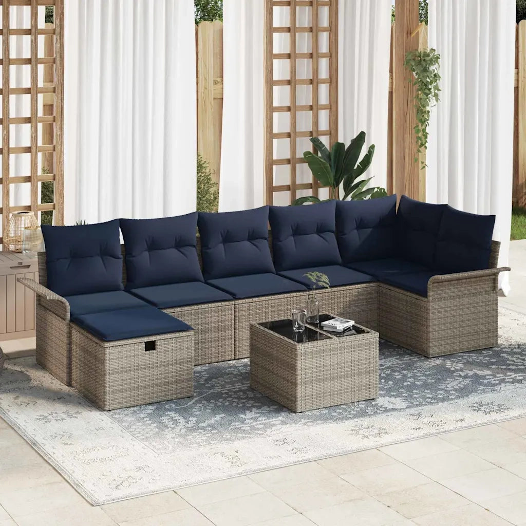 Set Divano da Giardino 8 pcs Grigio e Blu Navy polyrattan