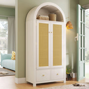 Armadio con intreccio in rattan, 2 ante, 2 cassetti e appendiabiti, stile country, bianco, 181 × 78 × 45 cm