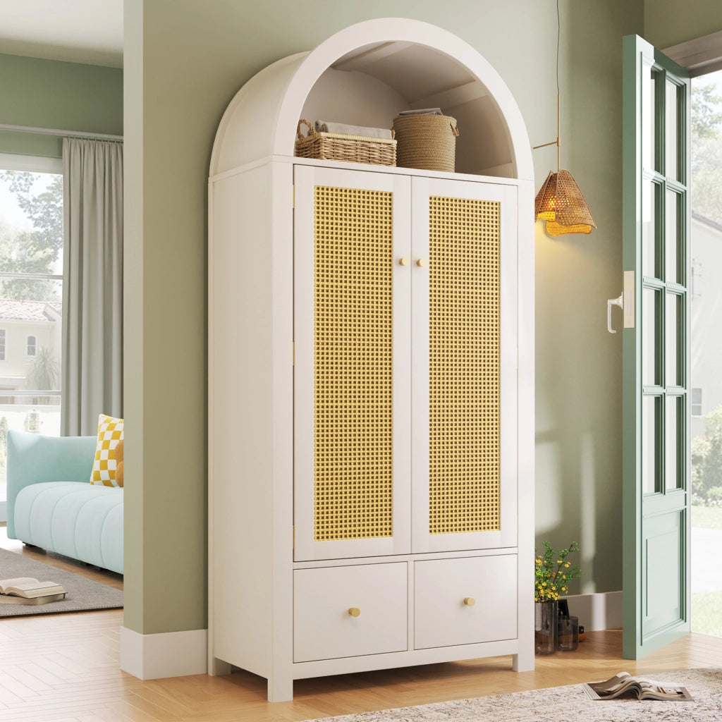 Armadio con intreccio in rattan, 2 ante, 2 cassetti e appendiabiti, stile country, bianco, 181 × 78 × 45 cm