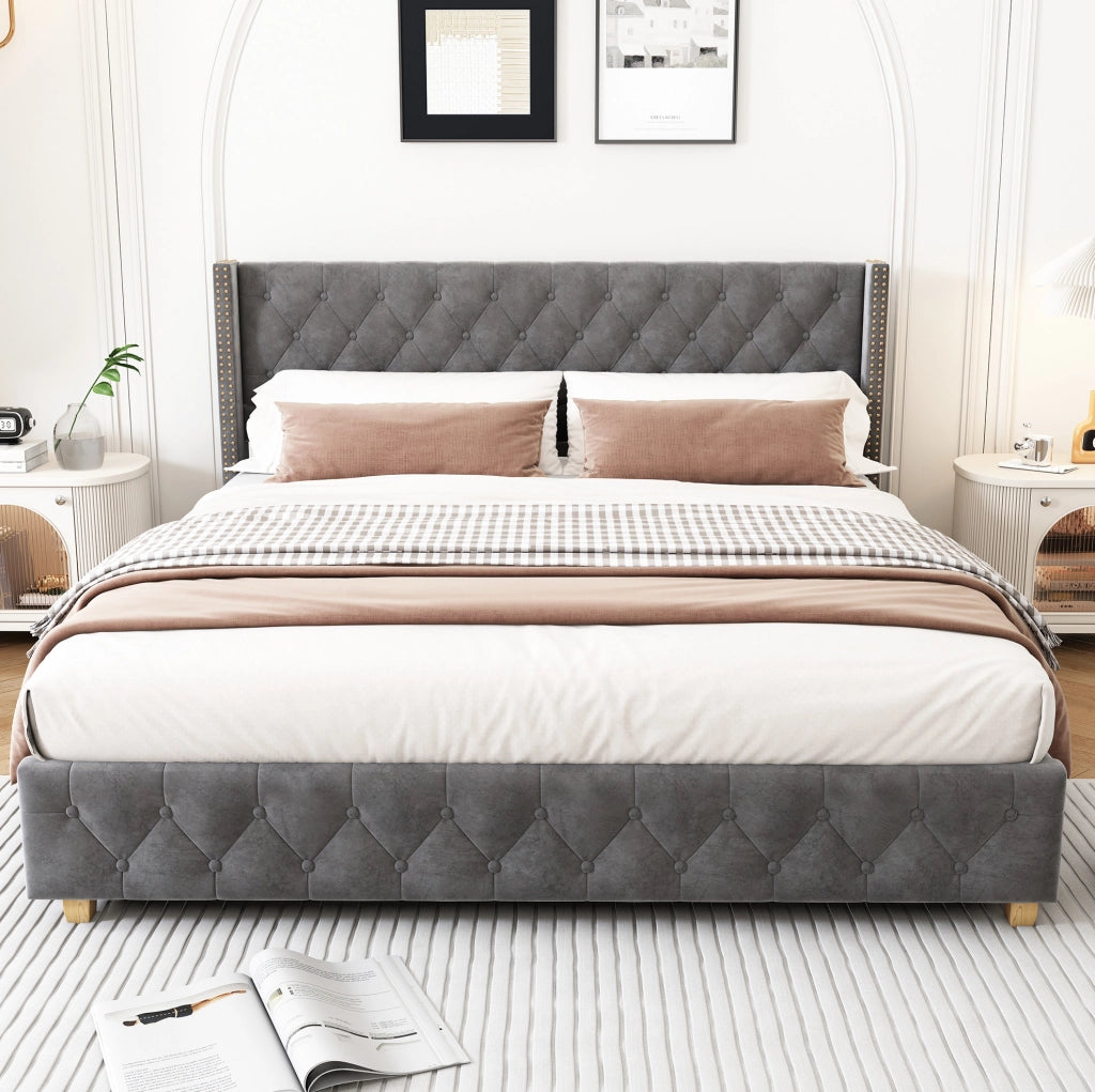 Letto imbottito 140x190 cm in velluto grigio con rete a doghe e testiera capitonné