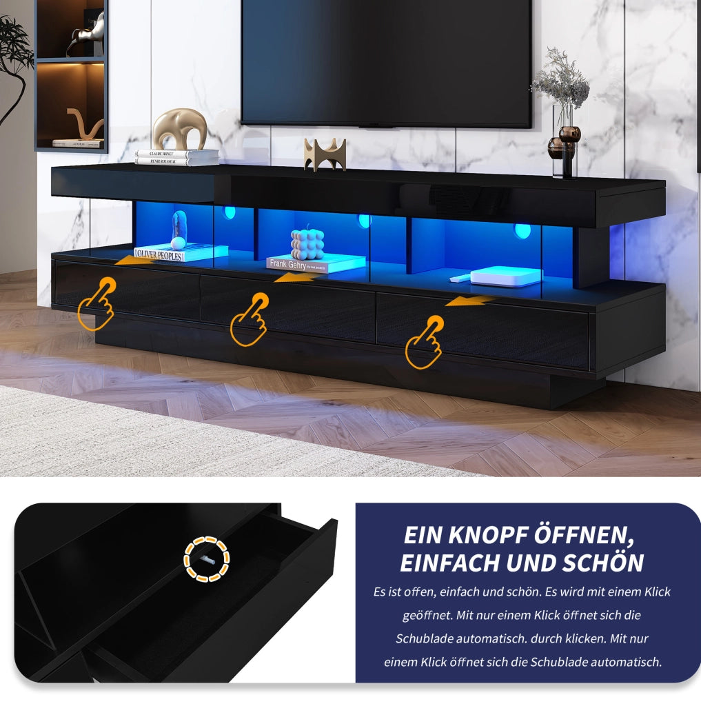 Mobile TV nero lucido 160 cm con LED Bluetooth e 3 vani in vetro