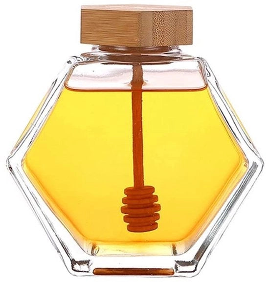 Piatto per miele in vetro da 380ml - Coperchio in legno con cucchiaio - Design a forma di esagono - Sicuro e non tossico - Ideale per la conservazione del miele - Piatto per miele