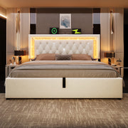 Letto imbottito con LED, presa USB e contenitore 140x200 cm, beige
