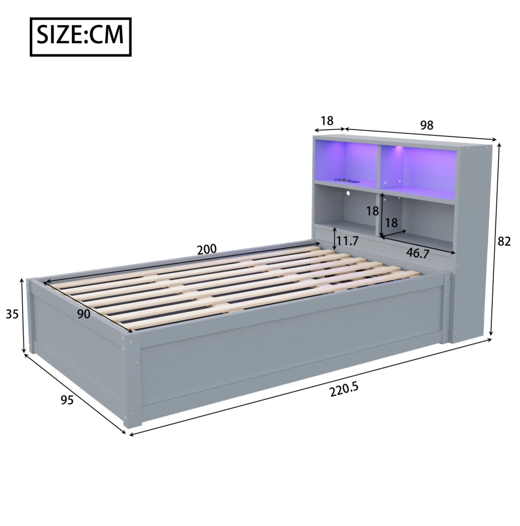 Letto singolo multifunzione 90x200 cm con LED e prese, grigio