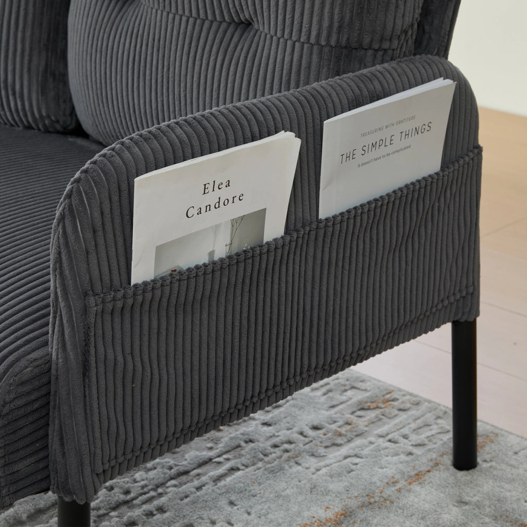 Divano a 3 posti in tessuto corduroy grigio con seduta ampia, schienale ergonomico e tasca laterale