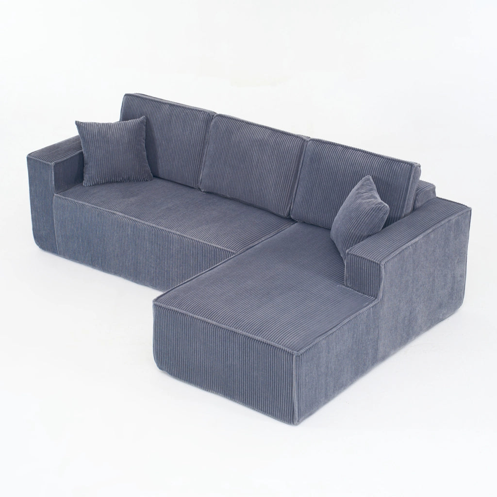 Divano Angolare 2 Posti con Chaise Longue ¨C MINIMAL ¨C Tessuto a Coste, Grigio, Modulare Morbido