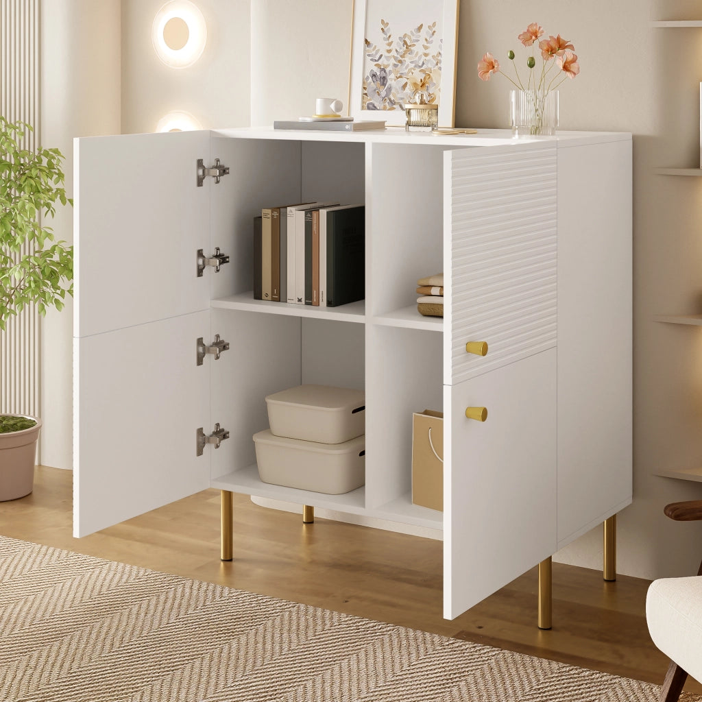Credenza e madia bianca con maniglie in lega di zinco e gambe in acciaio, per soggiorno e ingresso, 80 × 36 × 90 cm