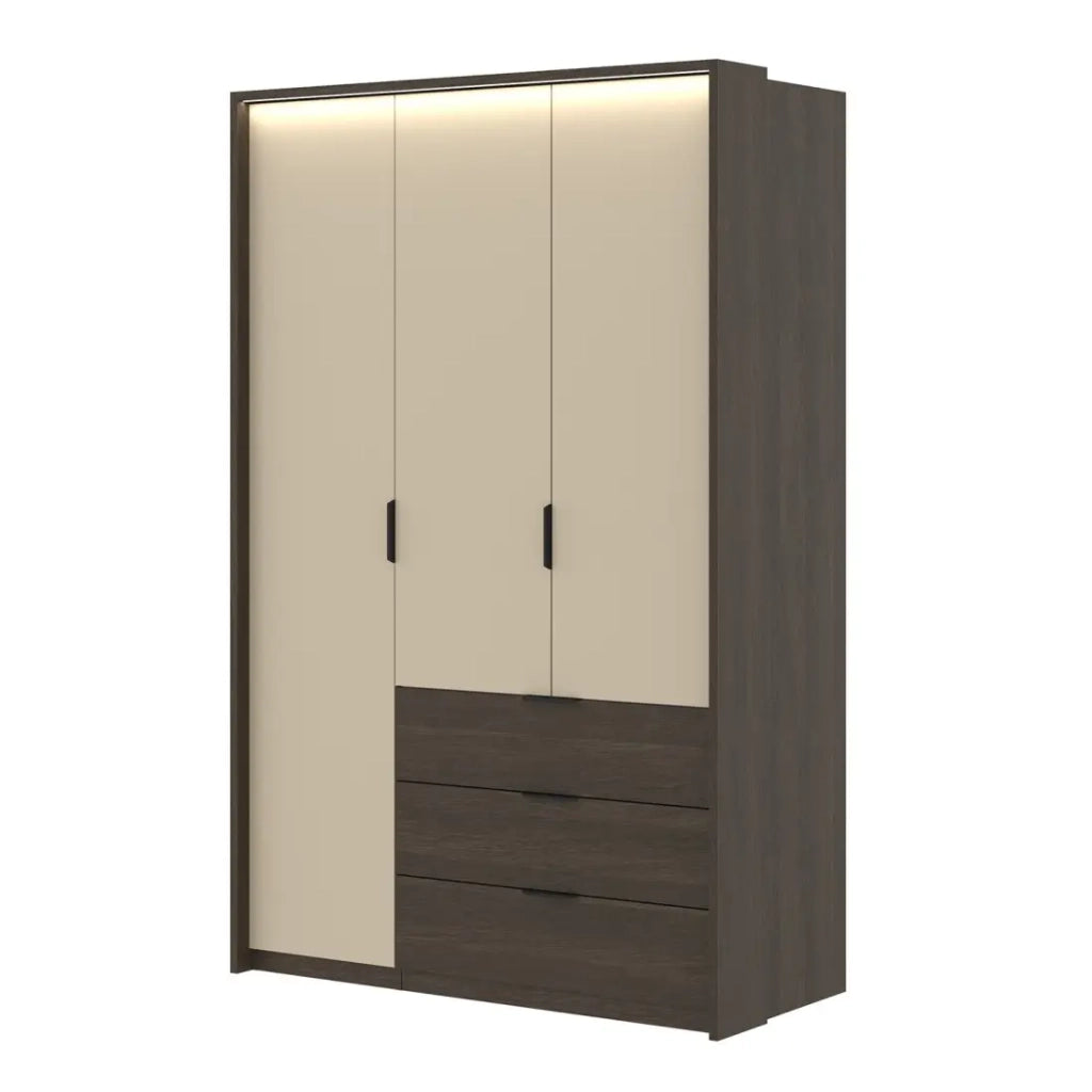 Armadio VALDORA 3 porte con LED e 3 cassetti in rovere scuro e beige 139 cm