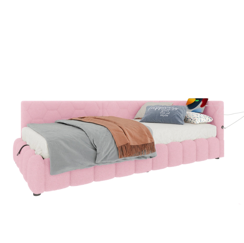 Letto da giorno 90x200 cm con rete a doghe; sollevamento idraulico; LED; USB e Tipo-C; rosa