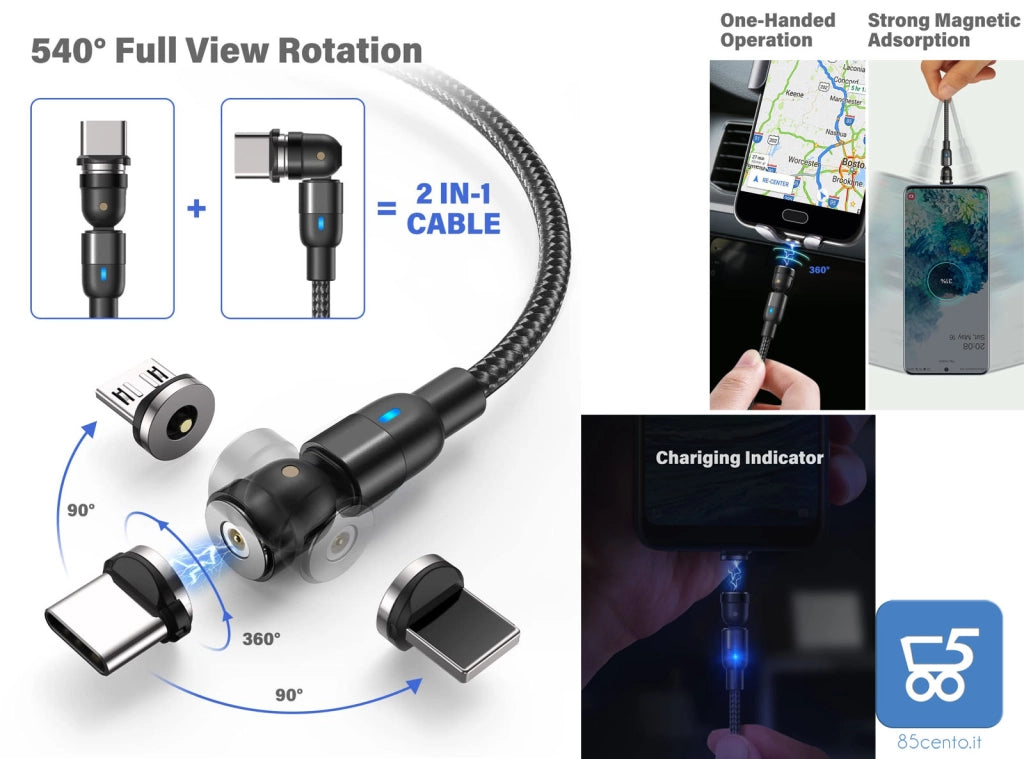 Kit 3 Cavi Magnetici USB 0.5m 1m 2m - 3 in 1 Rotante di 360°+180° Rivestimento Nylon adattatori Micro USB/Tipo C/i-P Nero
