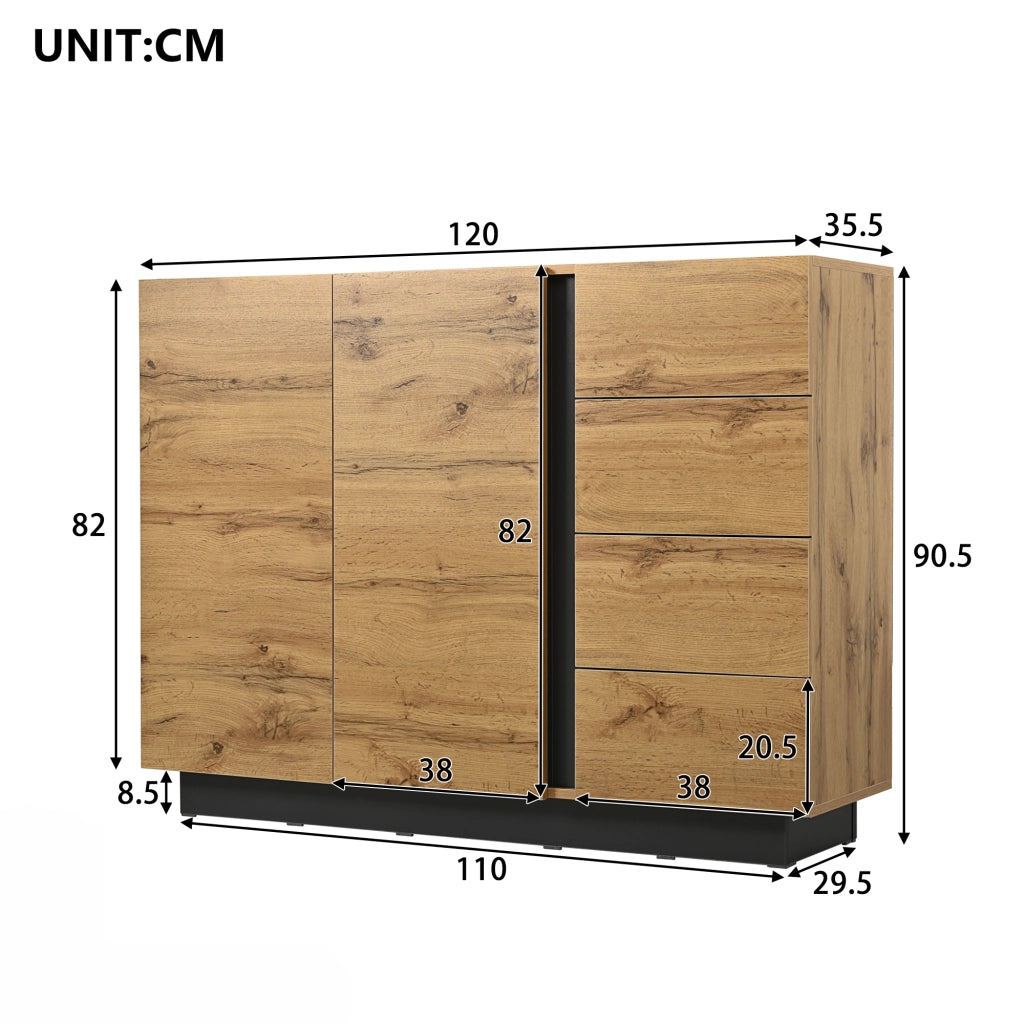 Credenza con 2 Ante e 4 Cassetti; Apertura a Pressione; Stile Moderno; in Pannello Truciolare; 120??35;5??90;5 cm; Nero e Naturale