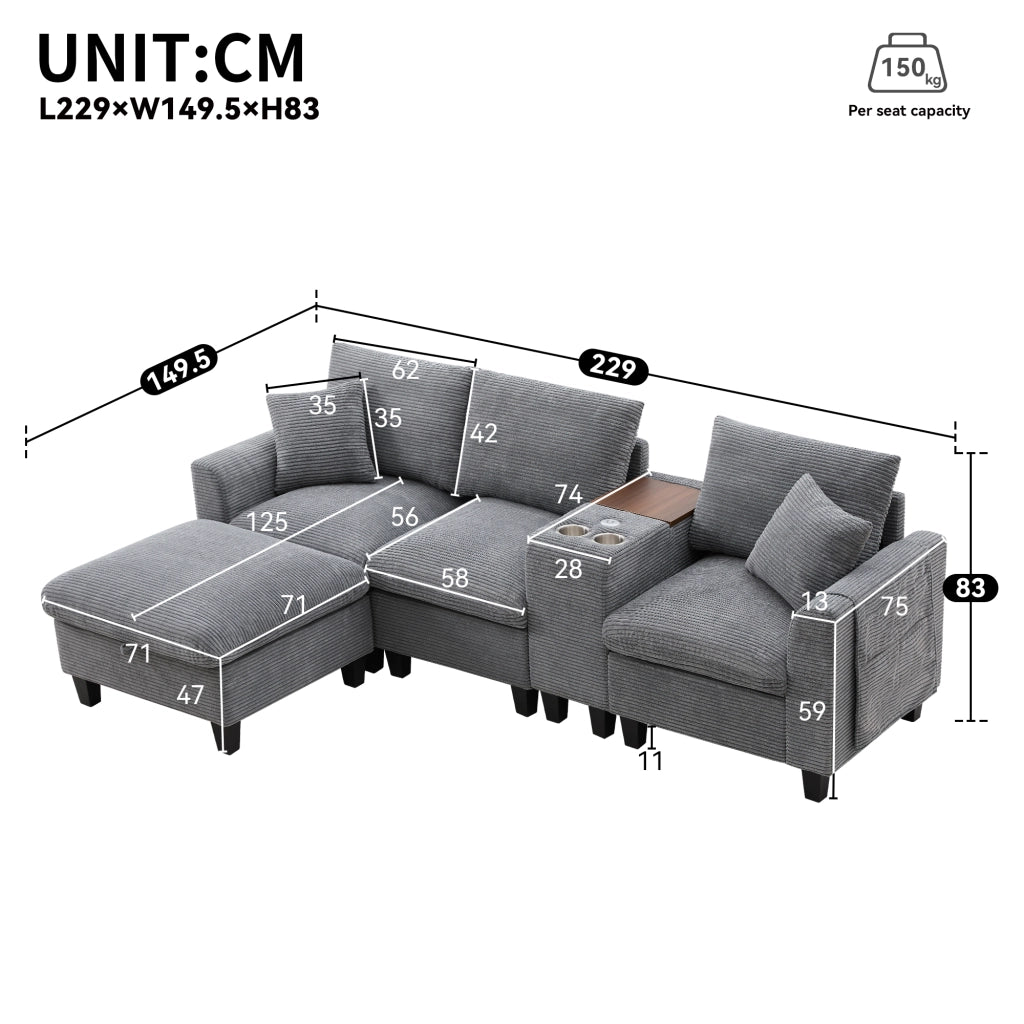 Divano angolare modulare in corduroy con consolle centrale porte USB portabicchieri e cuscini grigio per soggiorno