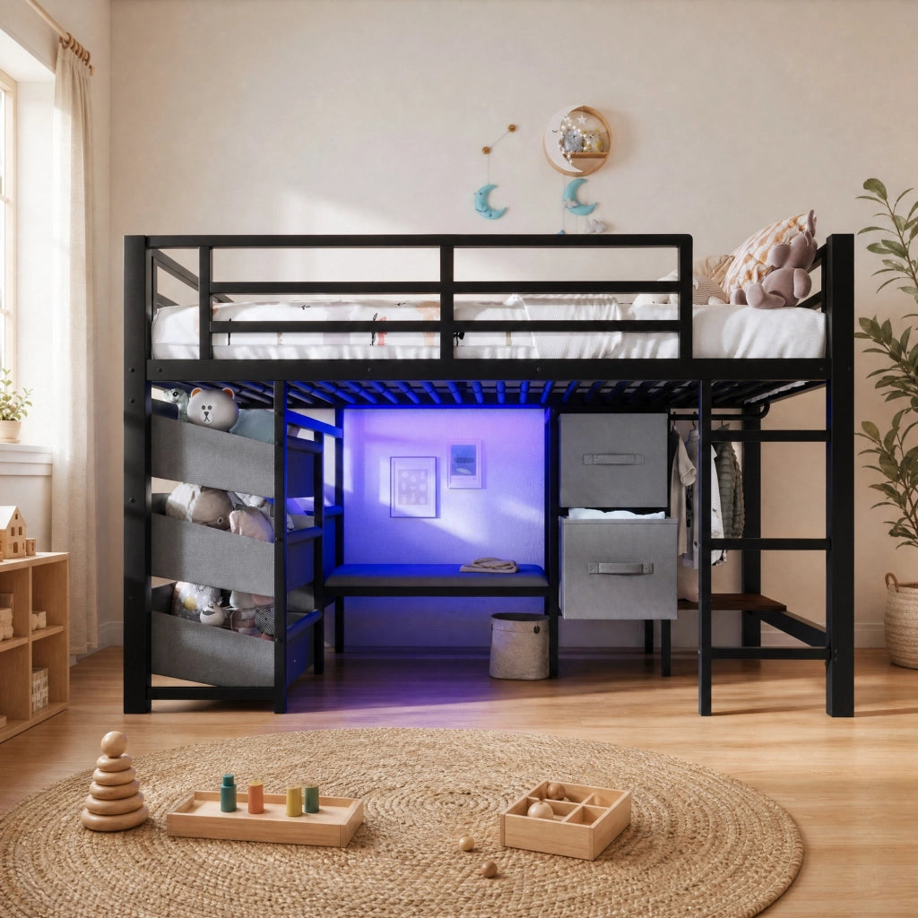 Letto rialzato 90 x 200 cm in metallo nero con LED, cuscino e contenimento