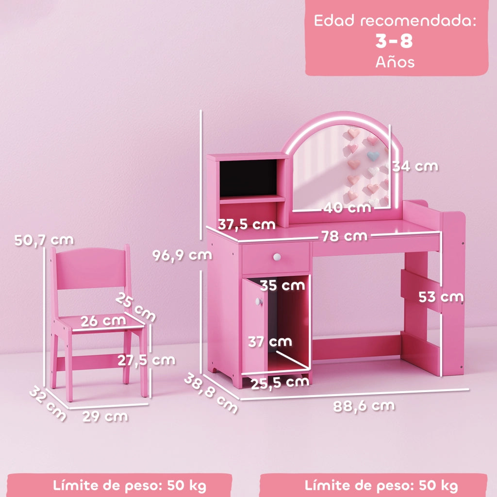 Cassettiera per Bambini con Specchio LED ¨C zephmum ¨C Rosa, Legno, 5 Ripiani